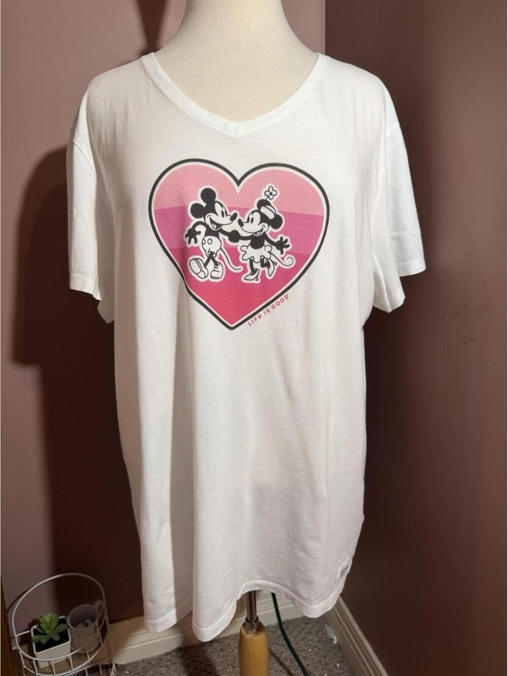 Life Is Good Crusher Lite T Shirt Womens XXL Mickey Minnie Pink Heart